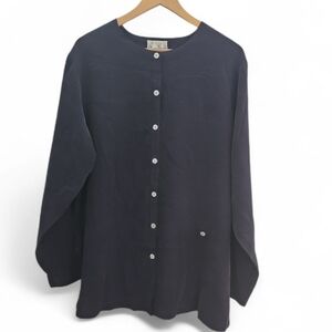 Anne Larson 100% Silk Blouse Vintage Sz 2X Navy Blue Button Down Collarless